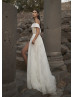 Off Shoulder Ivory Glitter Lace Slit Sexy Wedding Dress